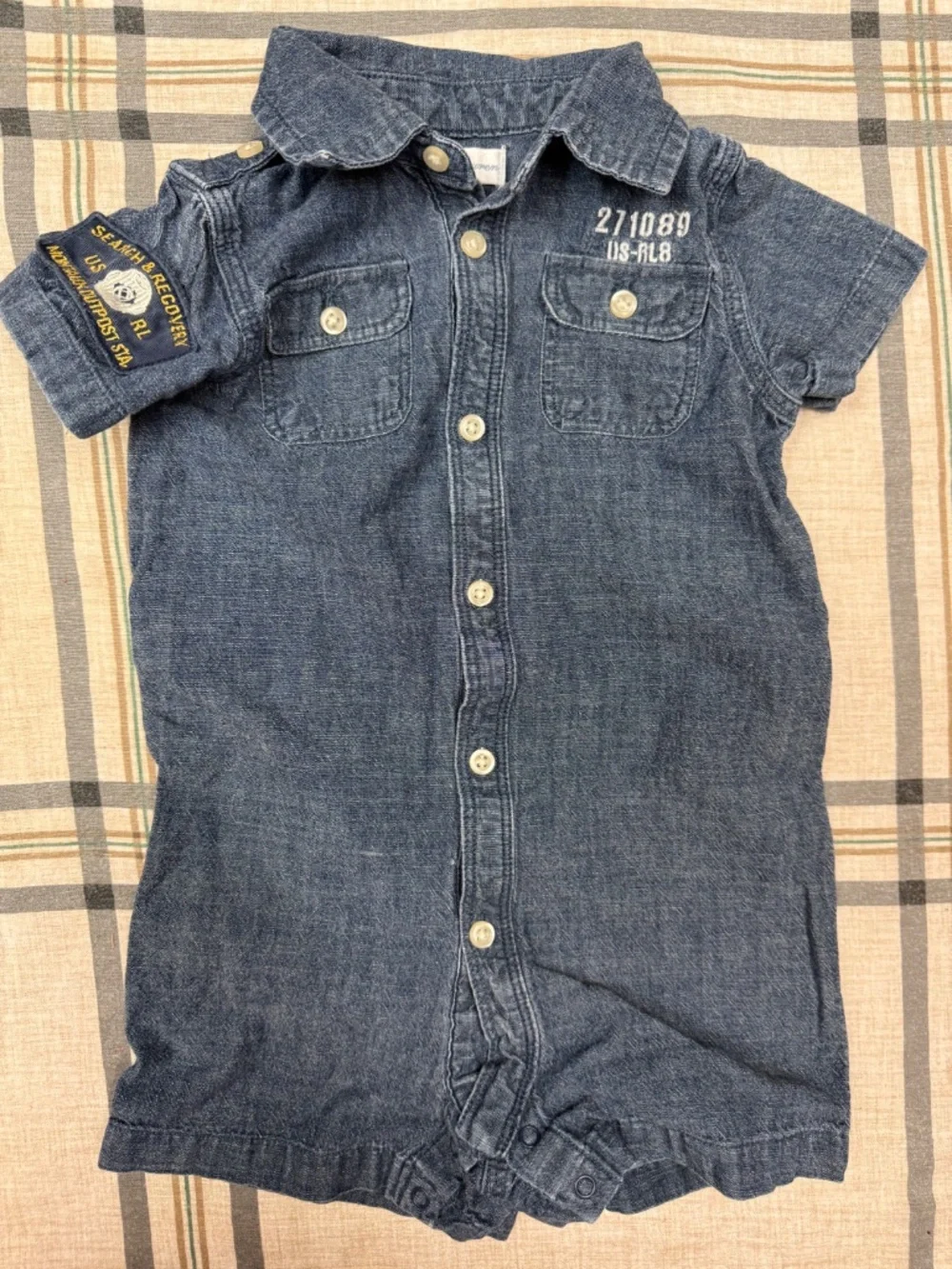 Ralph Lauren Baby Boy 9M Denim Chambray Military Patch Romper Search & Recovery